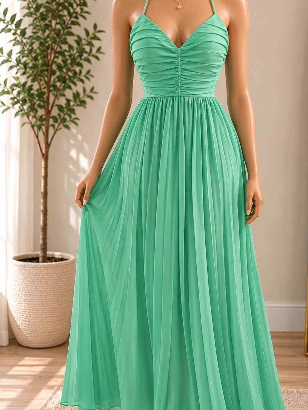 Elegant Mint Green Pleated Halter Maxi Dress | Flowy Evening Formal Gown